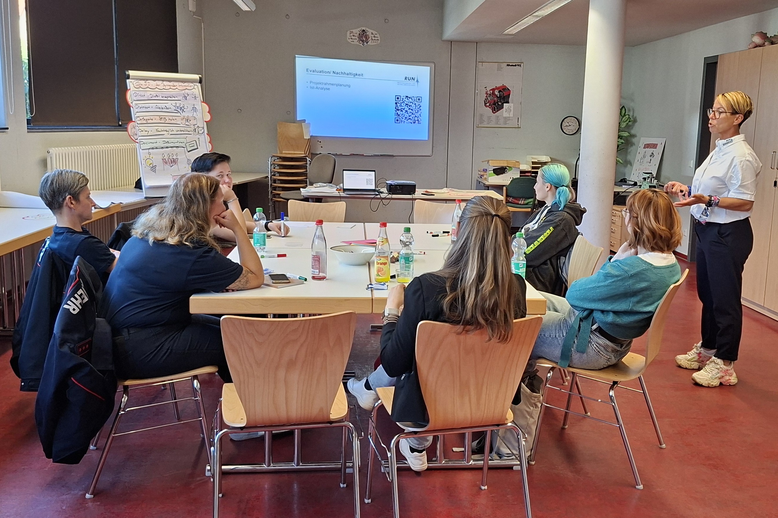 Workshopatmosphäre - Eine Dozentin rechts im Bild und mehrere Teilnehmerinnen um einen großen Tisch herum.